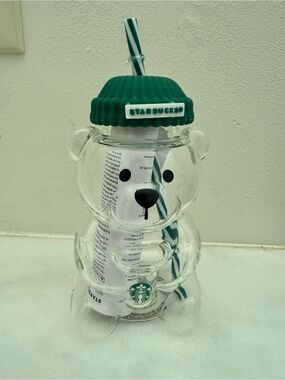 Starbucks Clear Bear Glass Tumbler with Green Beanie Lid and Striped Straw